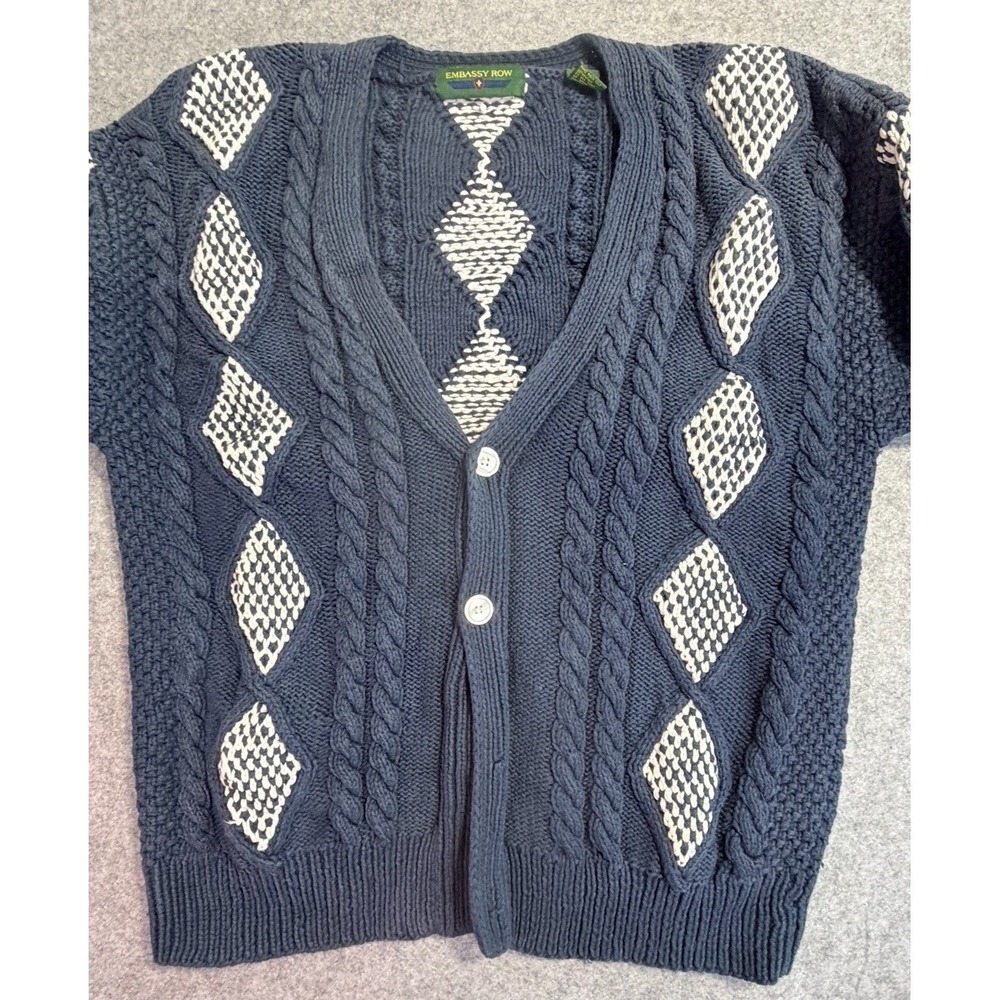 Mens Navy Blue Hand Knit Cotton‎ Cable Diamond Cardigan Sweater Medium Chunky